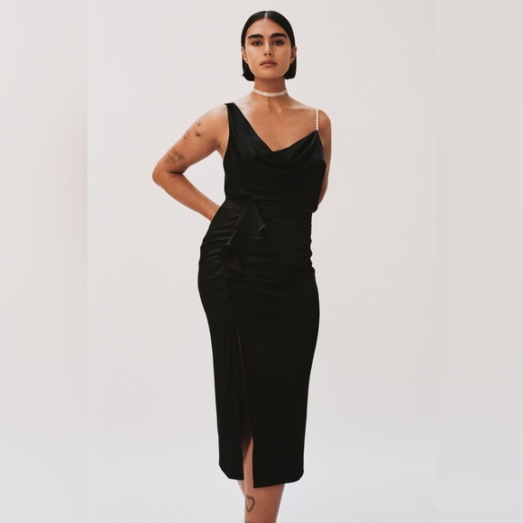 Zara Black Satin Silk Cowl Neck Pearl Strap Tank Top Small S - Picture 2 of 4